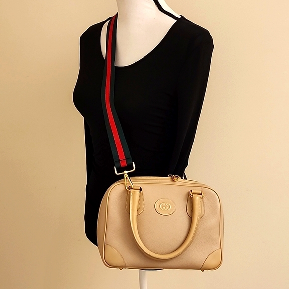 Rare! GUCCI Crossbody Satchel Boston Bag 2-Tone Beige Calfskin +Green Red Strap - Picture 16 of 16